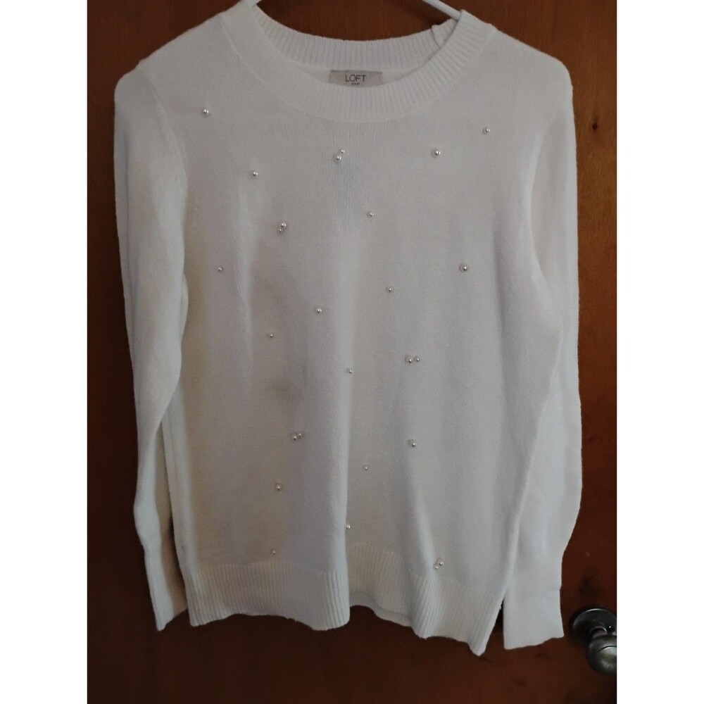 Loft Outlet Petite New White Crew Neck Faux Pearls Sweatshirt Classy Size Small